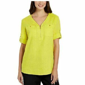 ELLEN TRACY Linen Tunic Gold Zip Roll Tab Sleeves Size L